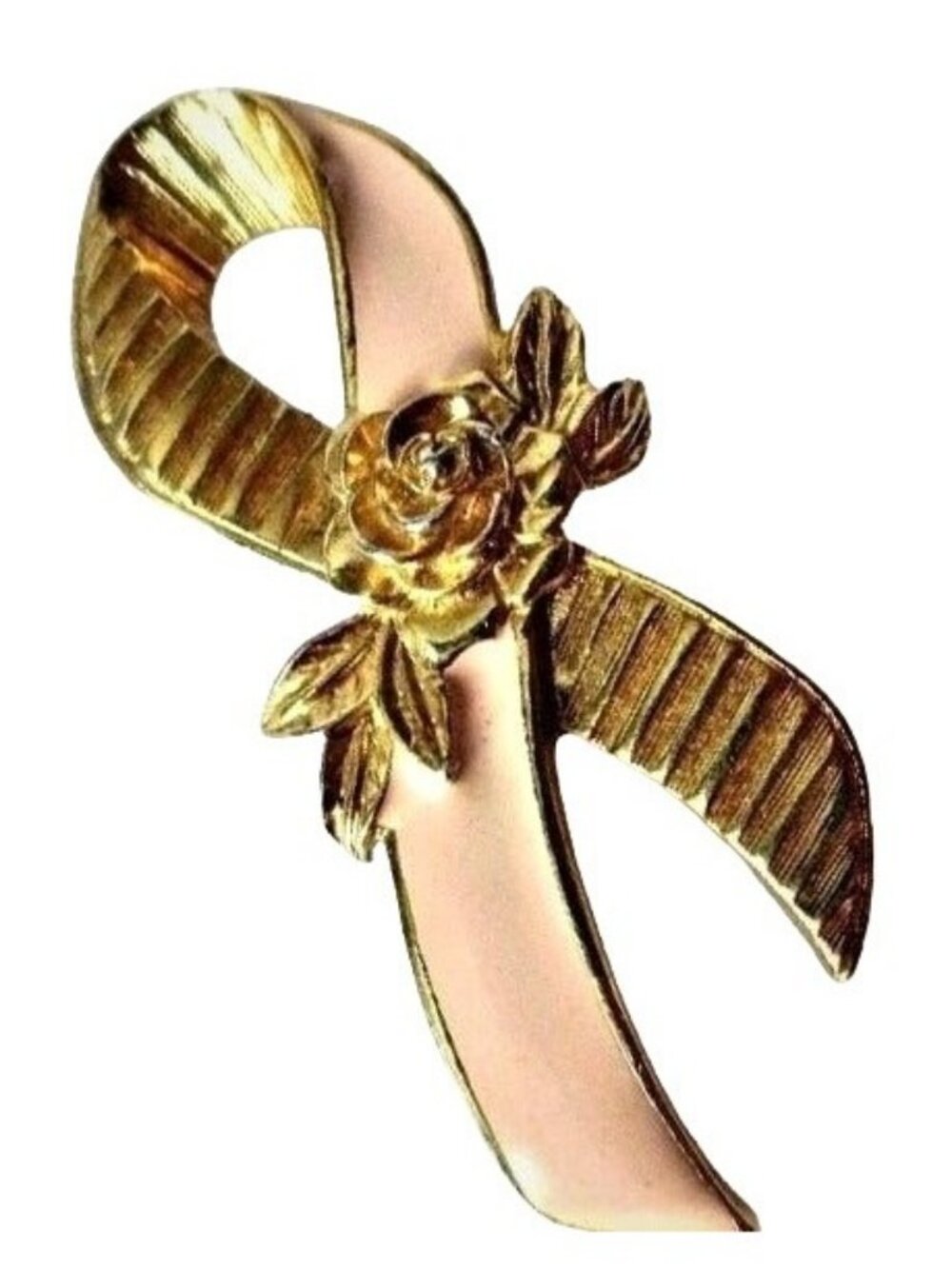 Avon Gold-Tone Pink Enamel Ribbon Brooch With Rose Accent Tac Pin